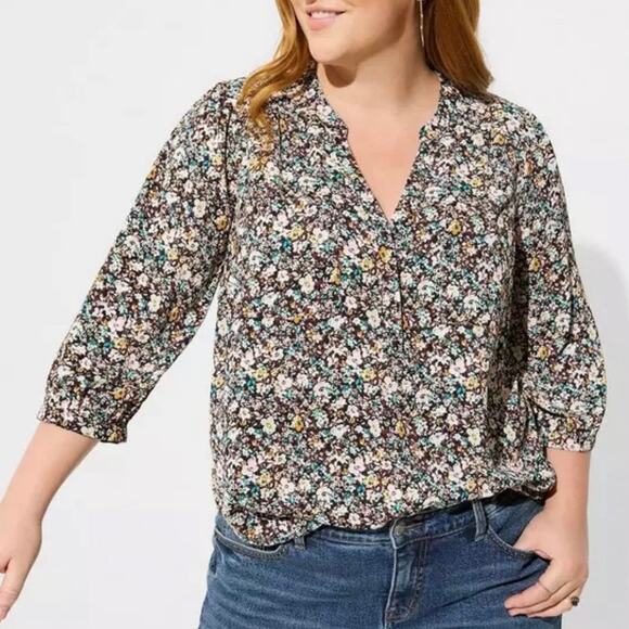 Torrid Harper Studio Crepe De Chine Rorschach Floral 3/4 Sleeve Blouse Size 1 - Picture 1 of 10